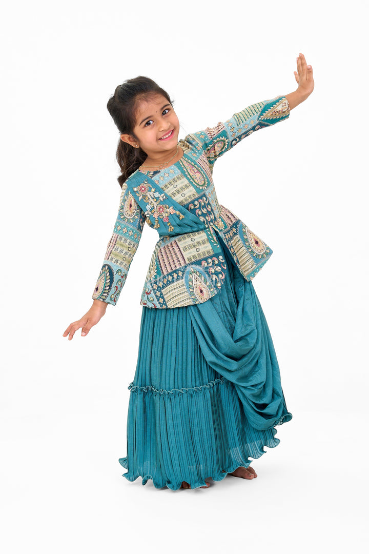 The Nesavu Girls Silk Gown Gold Puff Sleeve Girls Silk Gown with Intricate Red Border and Floral Waist Embroidery Nesavu Nesavu Girls Gold Tissue Silk Gown Red Border Puff Sleeves Embroidered Floral Waist