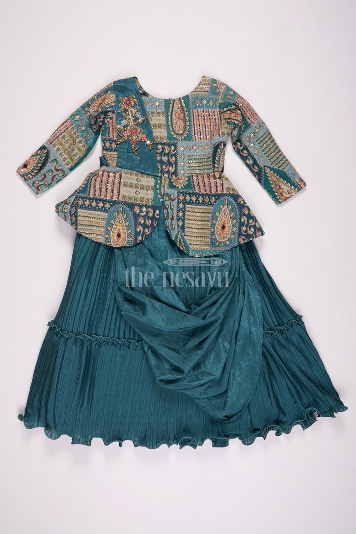 The Nesavu Girls Silk Gown Gold Puff Sleeve Girls Silk Gown with Intricate Red Border and Floral Waist Embroidery Nesavu Nesavu Girls Gold Tissue Silk Gown Red Border Puff Sleeves Embroidered Floral Waist