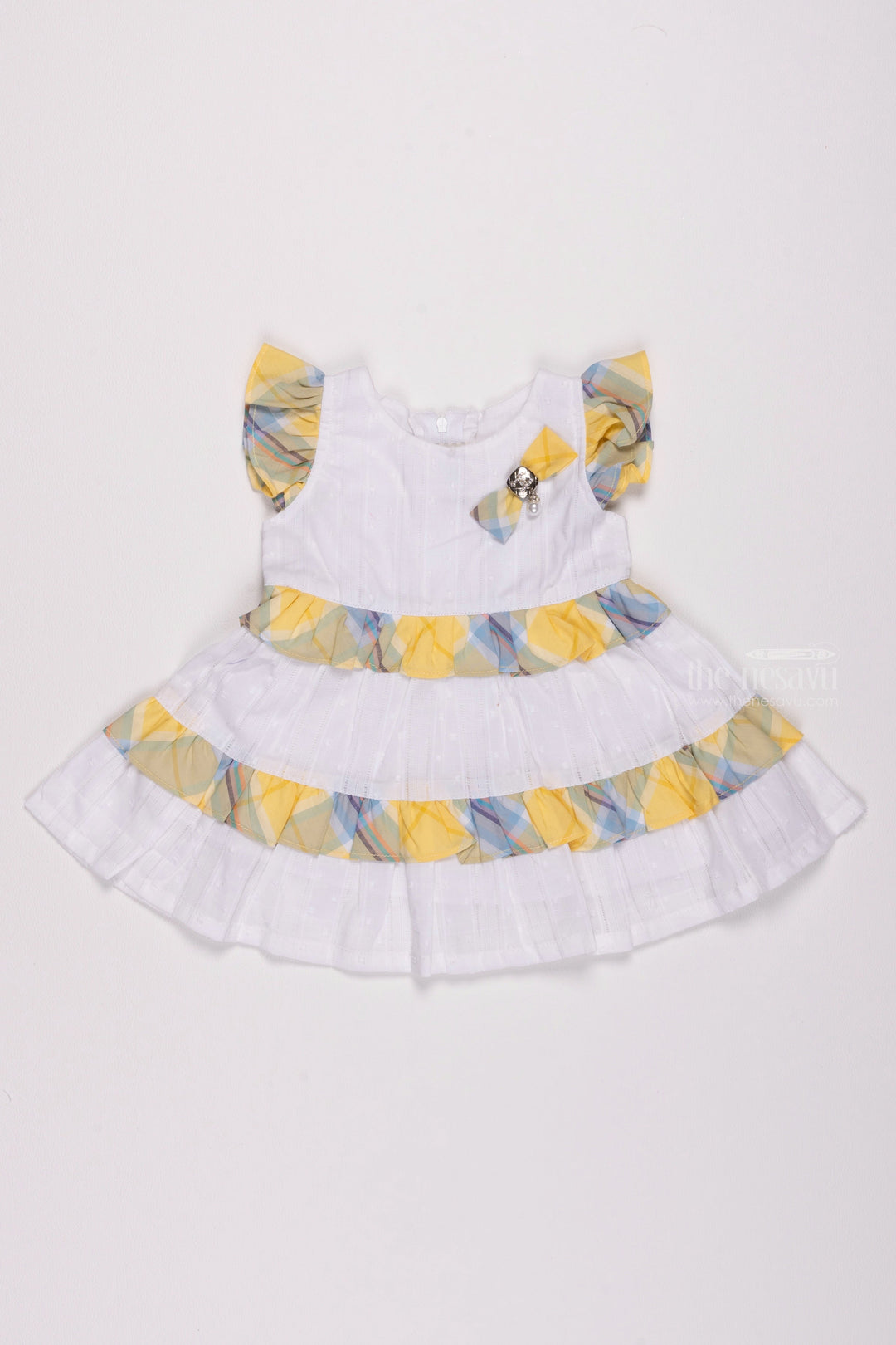 The Nesavu Baby Cotton Frocks Golden Sunrise: Cascading Yellow Frock, Floral Artistry on Cotton, Enhanced with Hakoba Patterns Nesavu 14 (6M) / Yellow / Cotton BFJ468B-14 Fancy Newborn Dresses | Chic Baby Party Wear | The Nesavu