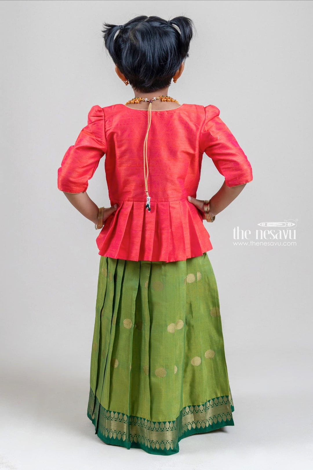 The Nesavu Silk Gown Gorgeous Red Semi-Silk Overcoat and Green Kanchivaram Designer Silk Anarkali Dress Nesavu Girls Anarkali dress| Silk Anarkali Dress | The Nesavu