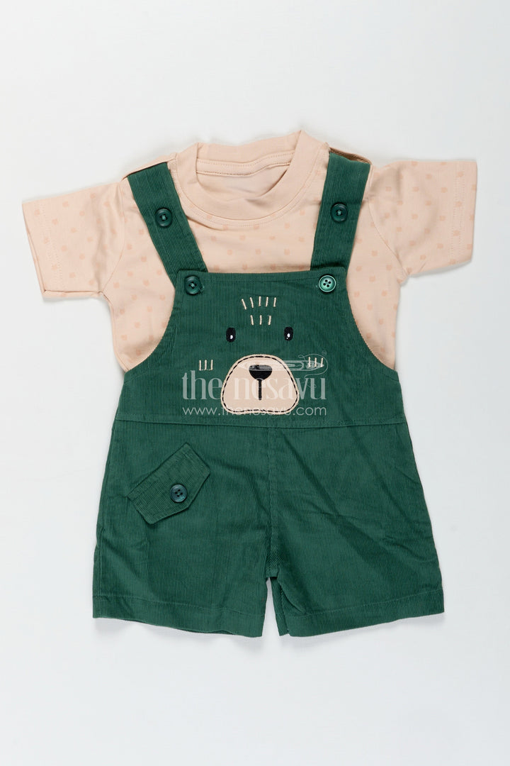 The Nesavu Boys Casual Set Green Dungaree Set for Babies with Bear Face Embroidery and Beige Printed Tee in Corduroy Finish Nesavu 12 (3M) / Green BCS323B-12 Nesavu Green Dungaree Set Babies Bear Embroidered Corduroy Overalls Printed Tee