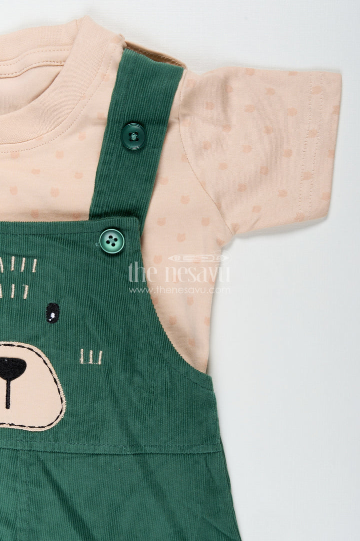 The Nesavu Boys Casual Set Green Dungaree Set for Babies with Bear Face Embroidery and Beige Printed Tee in Corduroy Finish Nesavu Nesavu Green Dungaree Set Babies Bear Embroidered Corduroy Overalls Printed Tee