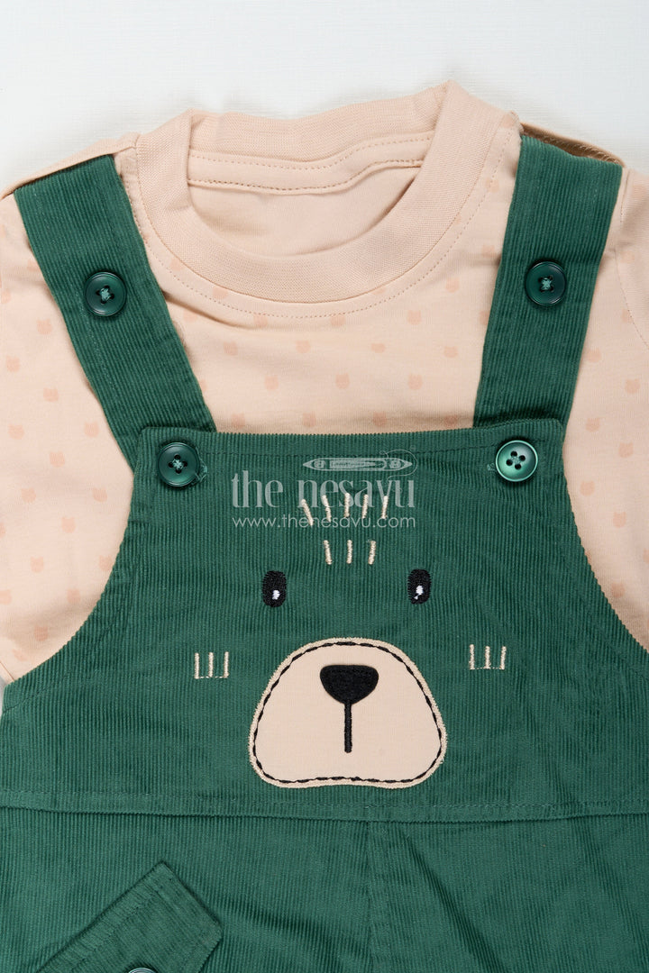 The Nesavu Boys Casual Set Green Dungaree Set for Babies with Bear Face Embroidery and Beige Printed Tee in Corduroy Finish Nesavu Nesavu Green Dungaree Set Babies Bear Embroidered Corduroy Overalls Printed Tee