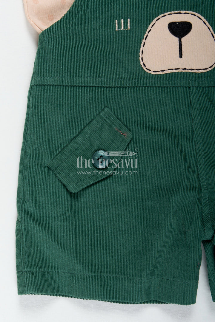 The Nesavu Boys Casual Set Green Dungaree Set for Babies with Bear Face Embroidery and Beige Printed Tee in Corduroy Finish Nesavu Nesavu Green Dungaree Set Babies Bear Embroidered Corduroy Overalls Printed Tee