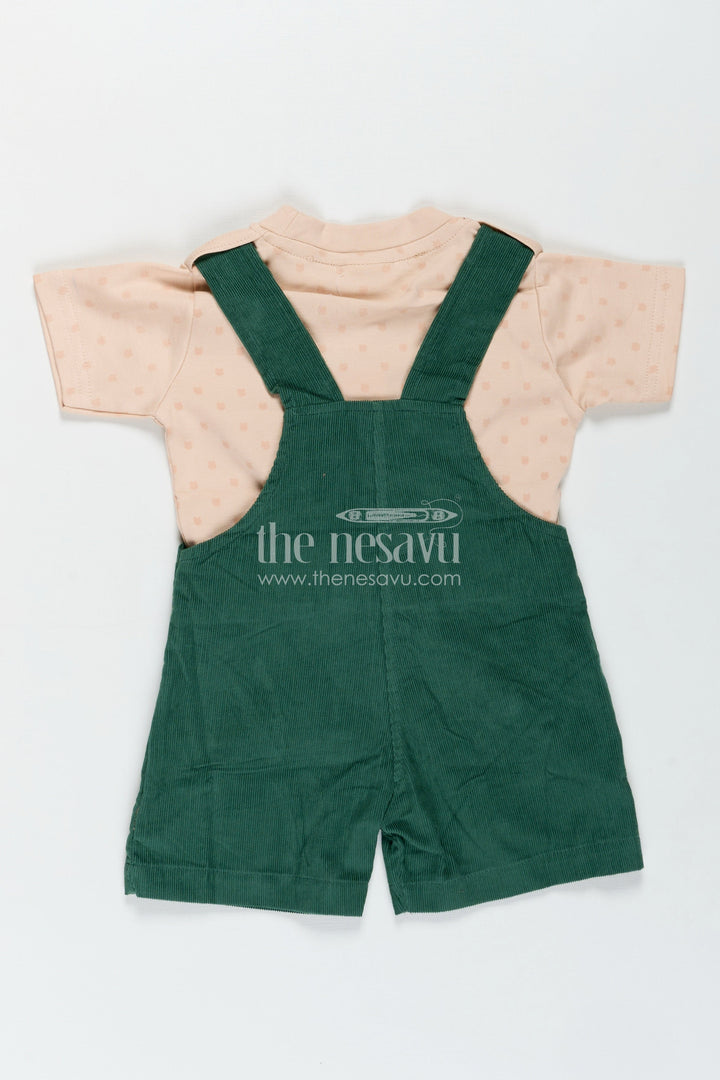 The Nesavu Boys Casual Set Green Dungaree Set for Babies with Bear Face Embroidery and Beige Printed Tee in Corduroy Finish Nesavu Nesavu Green Dungaree Set Babies Bear Embroidered Corduroy Overalls Printed Tee