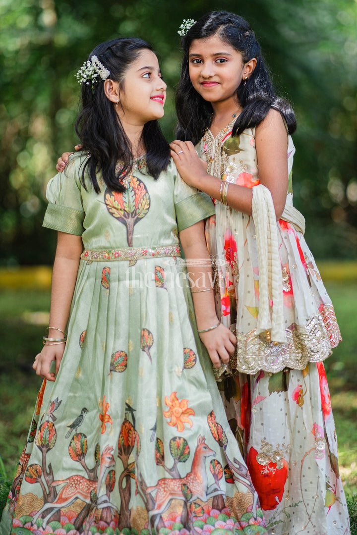 The Nesavu Girls Party Gown Green Girls Party Gown with Captivating Forest Animals Print and Pleated Skirt Nesavu Nesavu Green Girls Party Gown Forest Animals Print Floral Embroidery Special Events