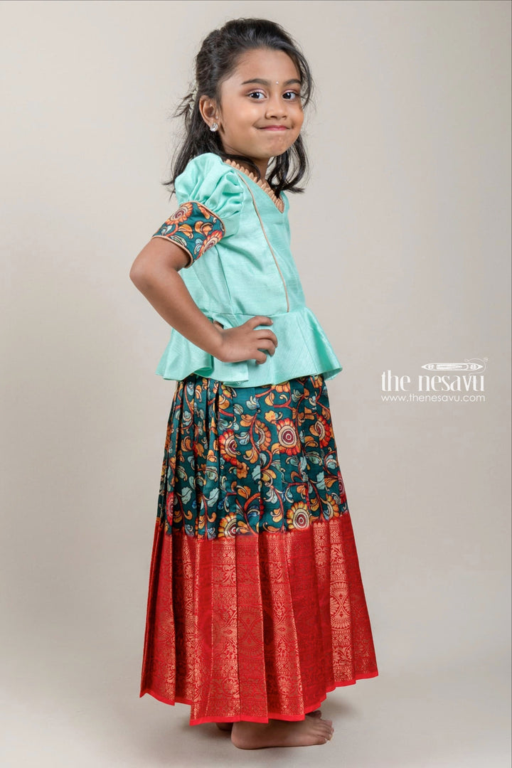 The Nesavu Pattu Pavadai Green Silk Pattu Pavadai with Floral Cuffs and Banarasi Border for Girls Nesavu Green Silk Pattu Pavadai with Floral Cuffs and Banarasi Border for Girls | The Nesavu