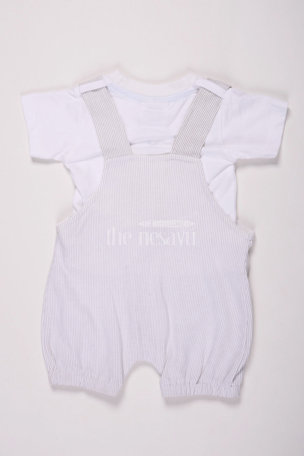 The Nesavu Baby Dungarees Half White Baby Dungaree Set with Gray Striped Overalls and Elephant Design for Boys Nesavu Half White Baby Dungaree Set Gray Striped Overalls Elephant Patch Boys