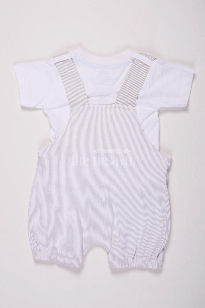 The Nesavu Baby Dungarees Half White Baby Dungaree Set with Gray Striped Overalls and Elephant Design for Boys Nesavu Half White Baby Dungaree Set Gray Striped Overalls Elephant Patch Boys