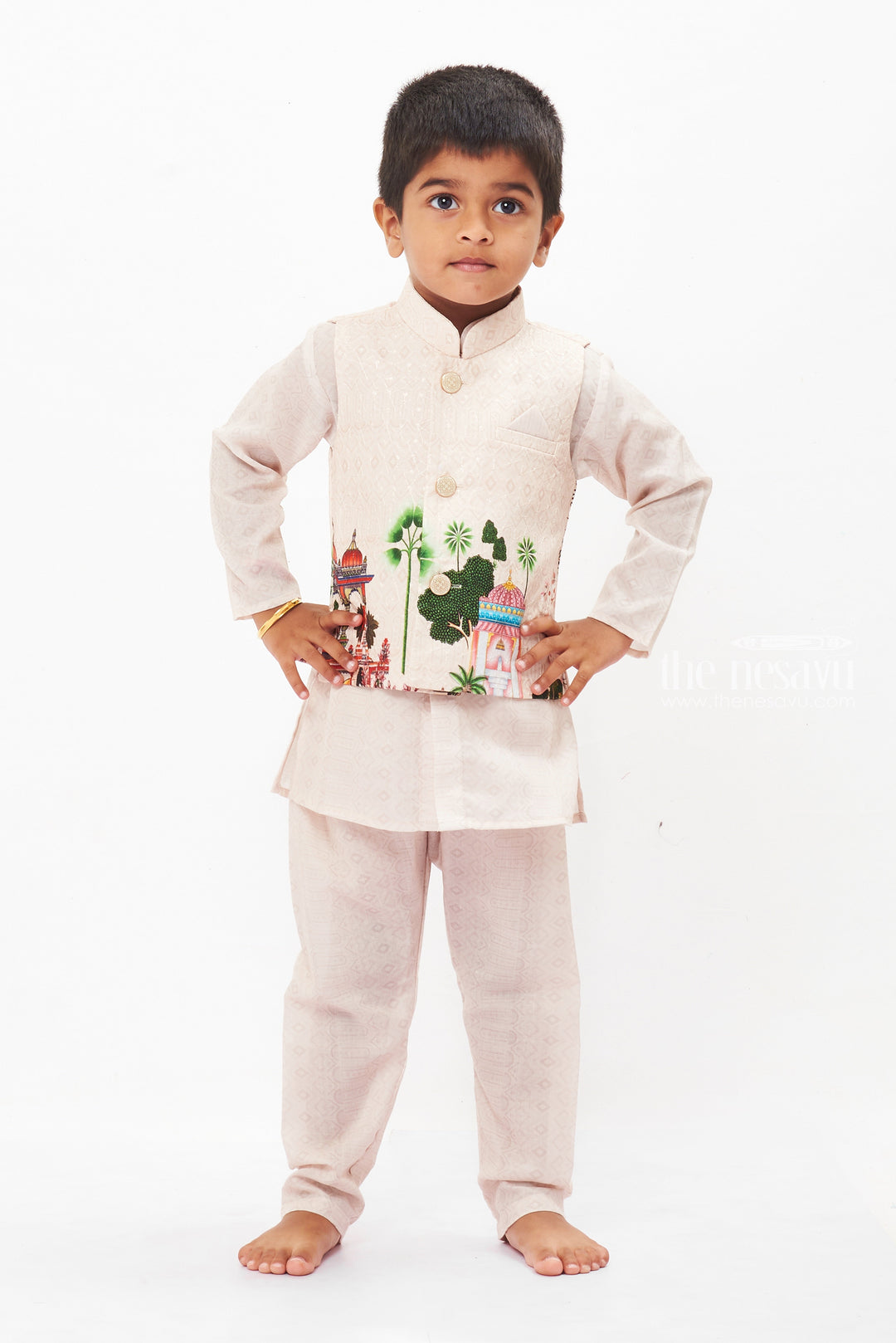 The Nesavu Boys Jacket Sets Heritage Beige Storybook Kurta & Jacket Ensemble for Boys Nesavu 14 (6M) / Beige / Blend Silk BES513A-14 Boys Beige Storybook Printed Jacket Kurta Set | Festive & Trendy Ethnic Wear | The Nesavu