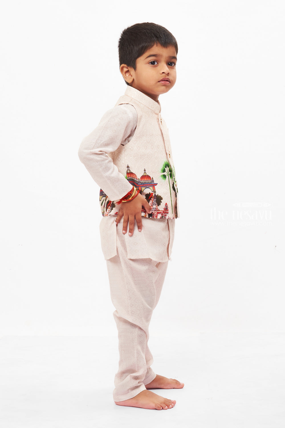 The Nesavu Boys Jacket Sets Heritage Beige Storybook Kurta & Jacket Ensemble for Boys Nesavu Boys Beige Storybook Printed Jacket Kurta Set | Festive & Trendy Ethnic Wear | The Nesavu