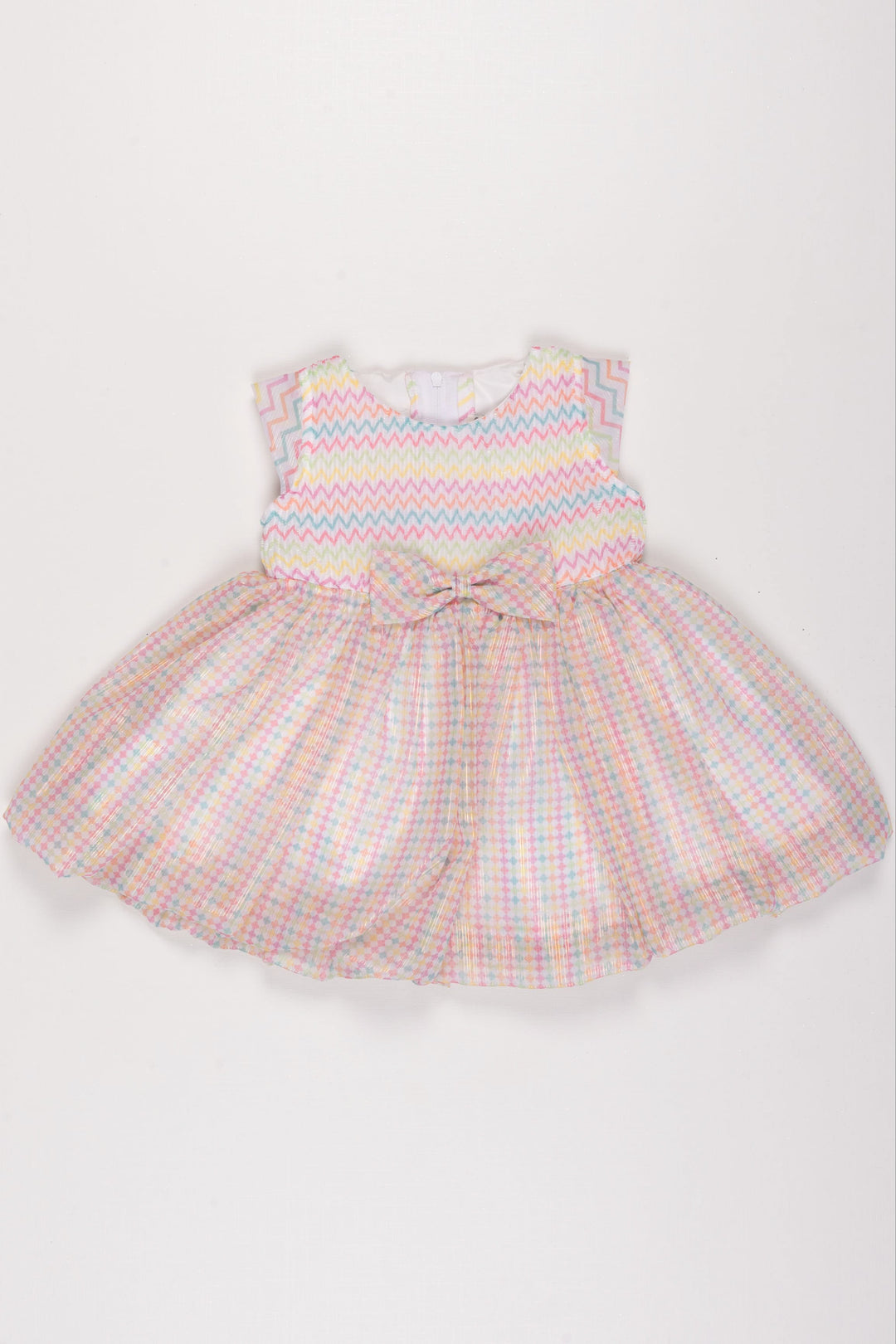 The Nesavu Baby Fancy Frock Infant Girl's Pastel Zigzag and Gingham Frock with Bow Detail - Adorable Dress for Springtime Festivities Nesavu 12 (3M) / multicolor BFJ505A-12 Pastel Zigzag and Gingham Frock for Infants | Adorable Springtime Dress | The Nesavu