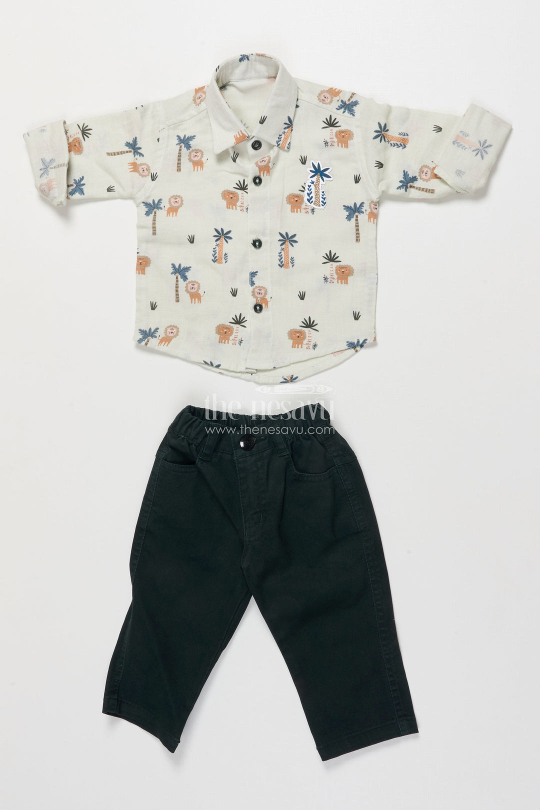 The Nesavu Boys Casual Set Jungle Theme Casual Outfit for Toddler Boys with Printed Shirt and Elastic Pants Nesavu 14 (6M) / Green BCS492B-14 Nesavu jungle theme toddler boys cotton casual outfit digital print shirt elastic pants