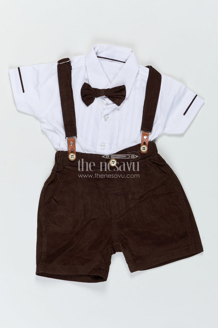 The Nesavu Boys Casual Set Kids Birthday Outfit Boy with White Pleated Shirt and Brown Corduroy Shorts with Black Bow Tie Nesavu 12 (3M) / Brown BCS320D-12 Nesavu Kids Birthday Outfit Boy White Pleated Shirt Brown Corduroy Shorts Black Bow Tie