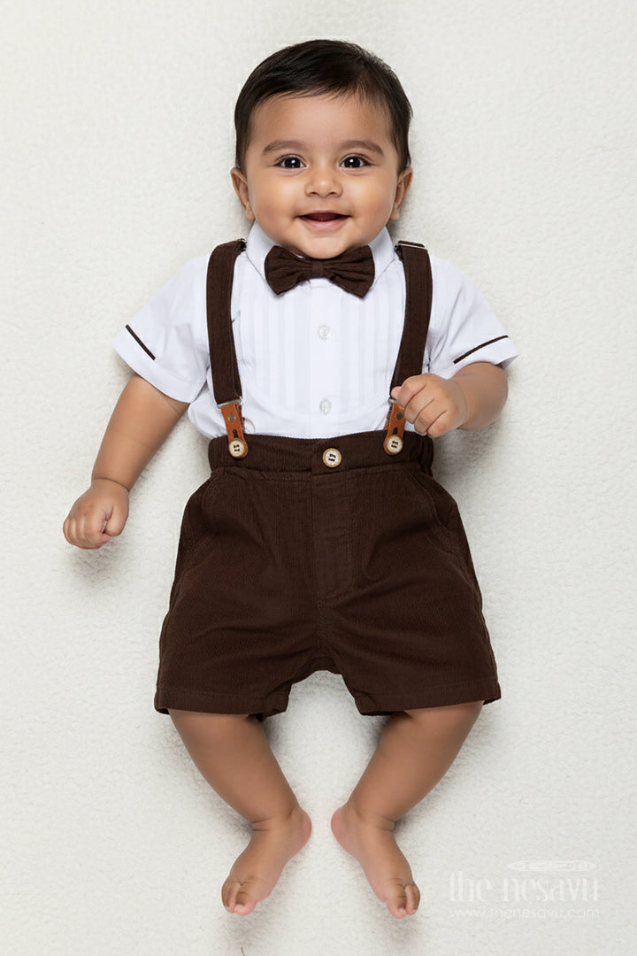 The Nesavu Boys Casual Set Kids Birthday Outfit Boy with White Pleated Shirt and Brown Corduroy Shorts with Black Bow Tie Nesavu 12 (3M) / Brown BCS320D-12 Nesavu Kids Birthday Outfit Boy White Pleated Shirt Brown Corduroy Shorts Black Bow Tie