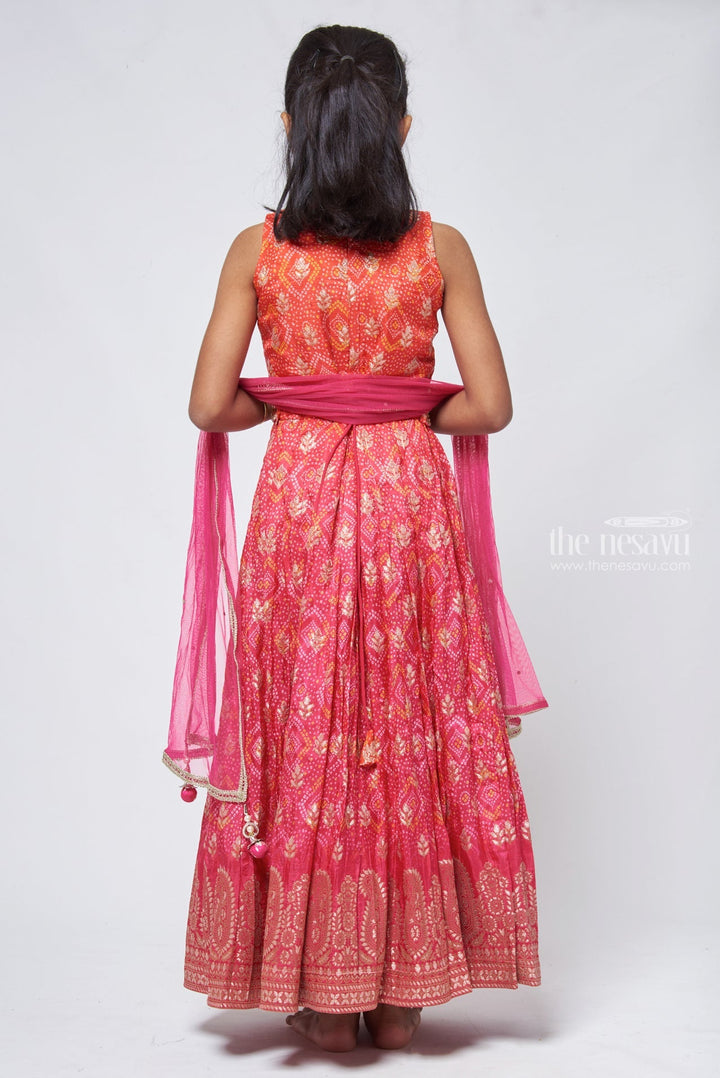 The Nesavu Silk Gown Kids Embroidered Anarkali Bandhani Brilliance in Pink & Orange with Mirror Detailing - Traditional Festive Wear for Girls Nesavu Desi Anarkali For Kids | Designer Anarkali For Girls | The Nesavu