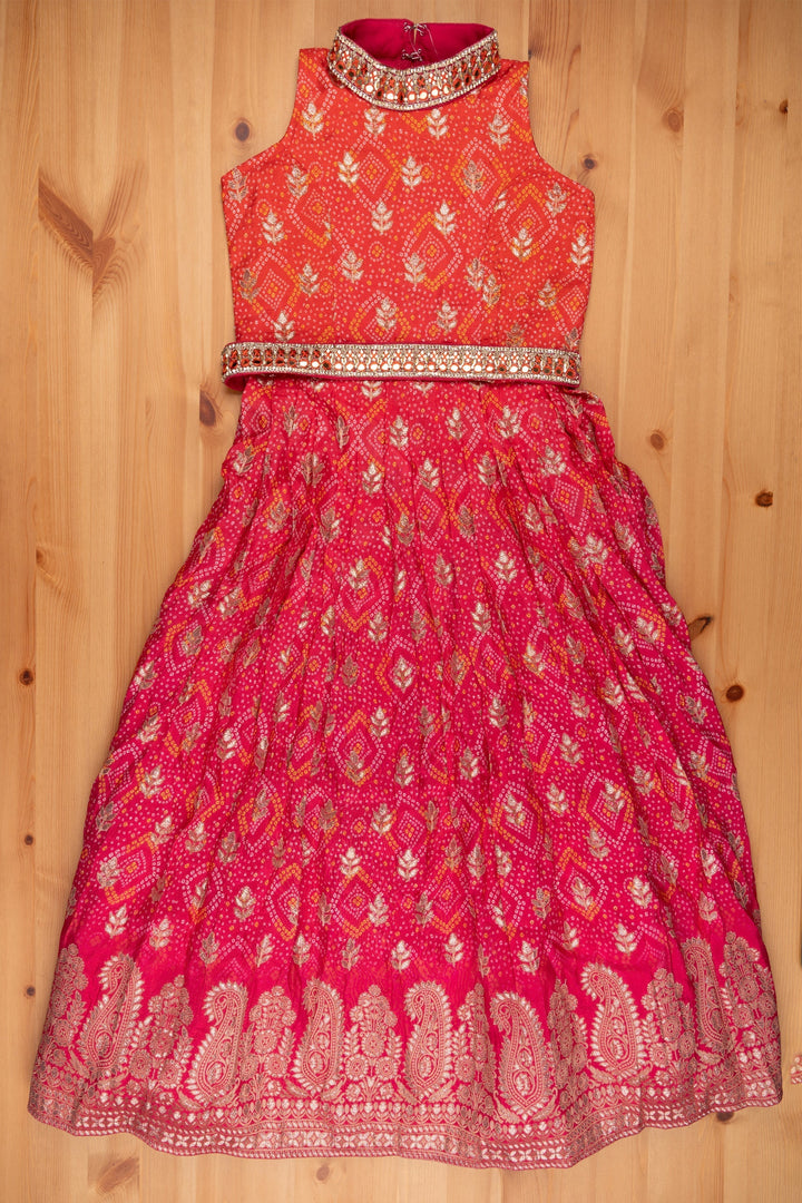 The Nesavu Silk Gown Kids Embroidered Anarkali Bandhani Brilliance in Pink & Orange with Mirror Detailing - Traditional Festive Wear for Girls Nesavu Desi Anarkali For Kids | Designer Anarkali For Girls | The Nesavu