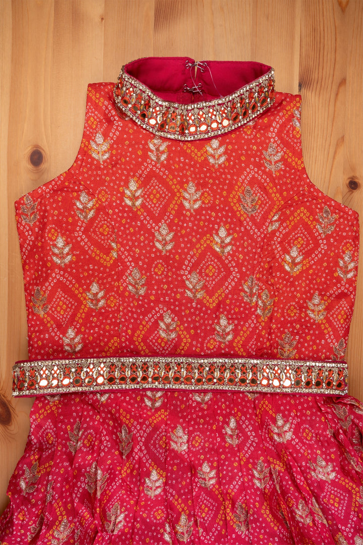 The Nesavu Silk Gown Kids Embroidered Anarkali Bandhani Brilliance in Pink & Orange with Mirror Detailing - Traditional Festive Wear for Girls Nesavu Desi Anarkali For Kids | Designer Anarkali For Girls | The Nesavu