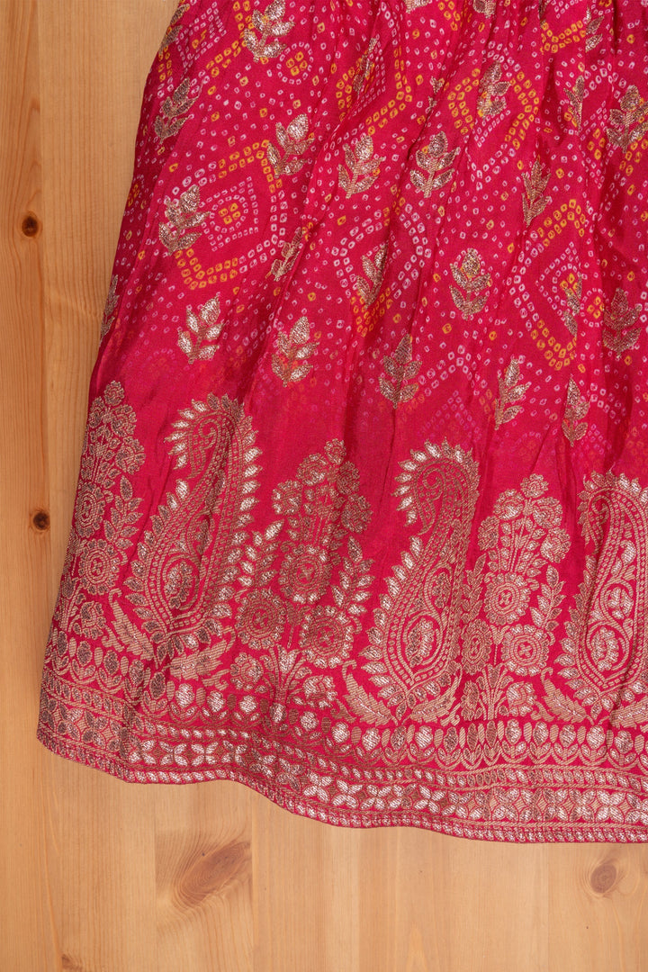 The Nesavu Silk Gown Kids Embroidered Anarkali Bandhani Brilliance in Pink & Orange with Mirror Detailing - Traditional Festive Wear for Girls Nesavu Desi Anarkali For Kids | Designer Anarkali For Girls | The Nesavu