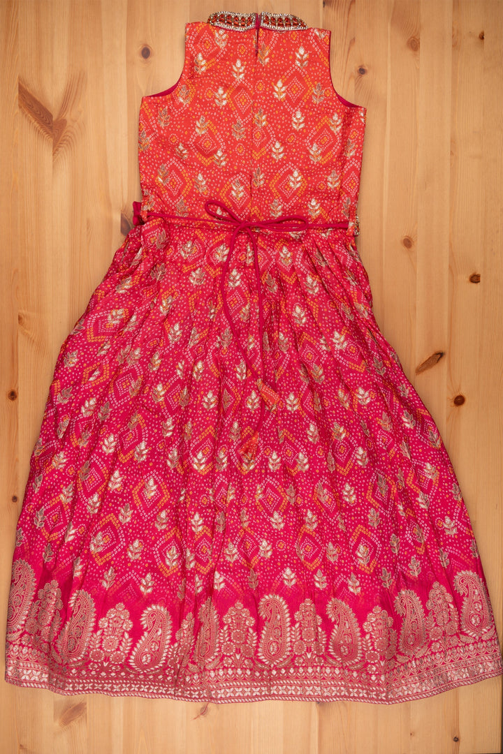 Kids Embroidered Anarkali Bandhani Brilliance in Pink & Orange with Mirror Detailingtraditional Festive Wear for Girls