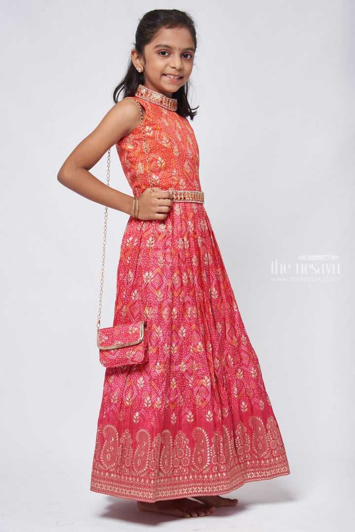 The Nesavu Silk Gown Kids Embroidered Anarkali Bandhani Brilliance in Pink & Orange with Mirror Detailing - Traditional Festive Wear for Girls Nesavu Desi Anarkali For Kids | Designer Anarkali For Girls | The Nesavu