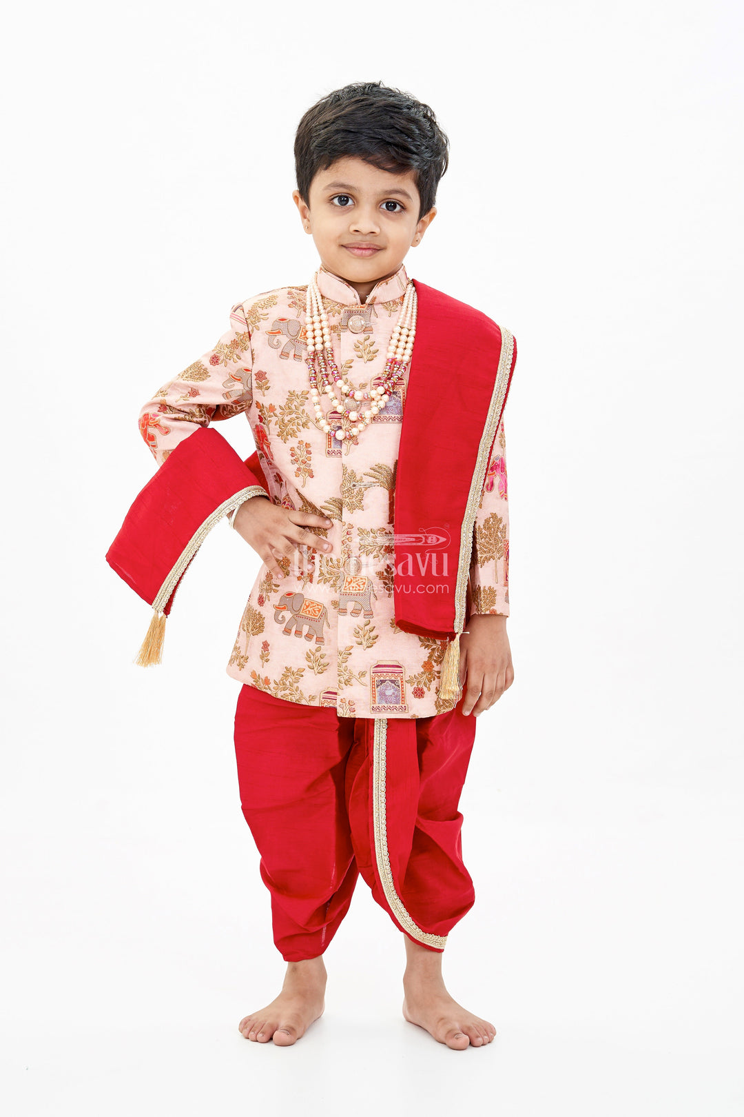 The Nesavu Boys Sherwani Latest Sherwani for Boys with Rich Heritage Print and Maroon Dhoti for Traditional Wear Nesavu 14 (6M) / Peach BES637A-14 Nesavu Latest Sherwani Boys Heritage Print Maroon Dhoti Festive Wear