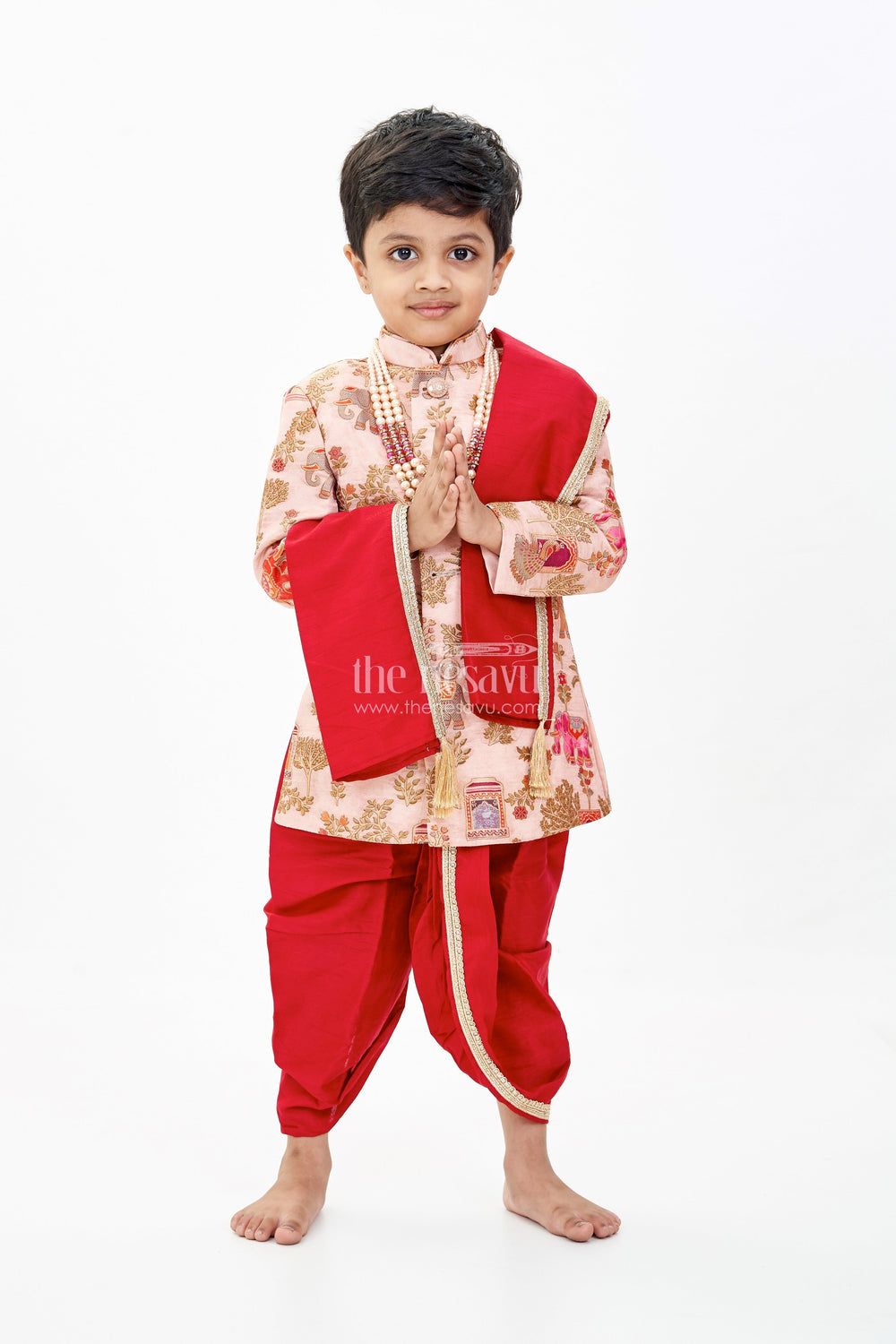 The Nesavu Boys Sherwani Latest Sherwani for Boys with Rich Heritage Print and Maroon Dhoti for Traditional Wear Nesavu Nesavu Latest Sherwani Boys Heritage Print Maroon Dhoti Festive Wear