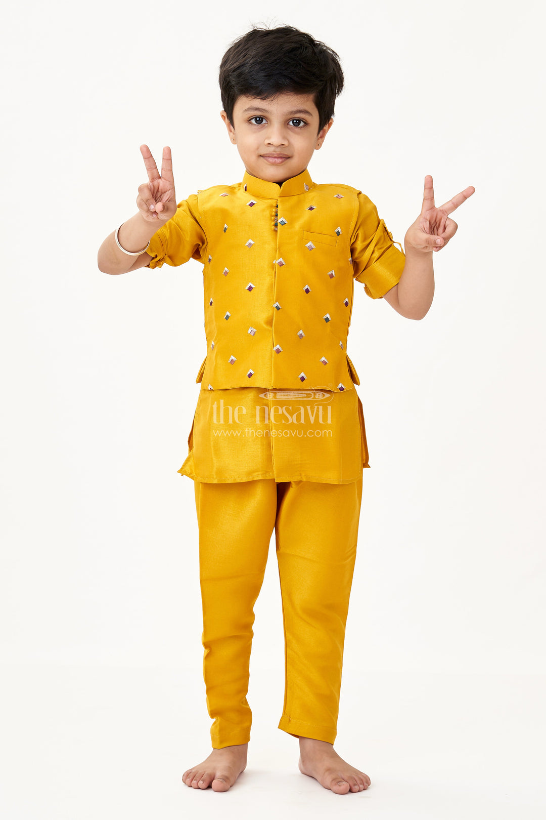 The Nesavu Boys Kurtha Set Lemon Yellow Kurta Set for Boys with Thread Embroidered Jacket and Stylish Dhoti Pants Nesavu 14 (6M) / Yellow BES693A-14 Nesavu Boys Lemon Yellow Kurta Set Embroidered Jacket Dhoti Pants Viscose Blend