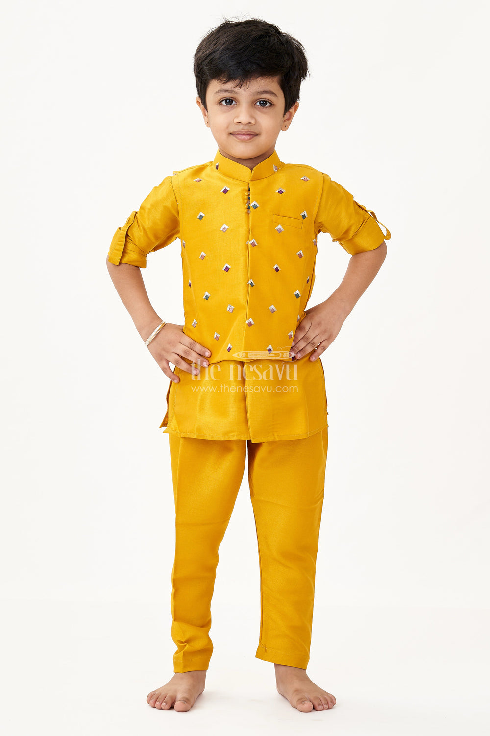 The Nesavu Boys Kurtha Set Lemon Yellow Kurta Set for Boys with Thread Embroidered Jacket and Stylish Dhoti Pants Nesavu Nesavu Boys Lemon Yellow Kurta Set Embroidered Jacket Dhoti Pants Viscose Blend