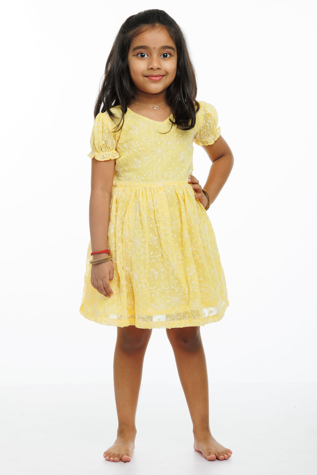 The Nesavu Girls Cotton Frock Lemon Zest Embroidered Cotton Frock for Girls - Summer Radiance Collection Nesavu 20 (3Y) / Yellow / Georgette GFC1276B-20 Girls Summer Yellow Cotton Frock with White Embroidery | The Nesavu