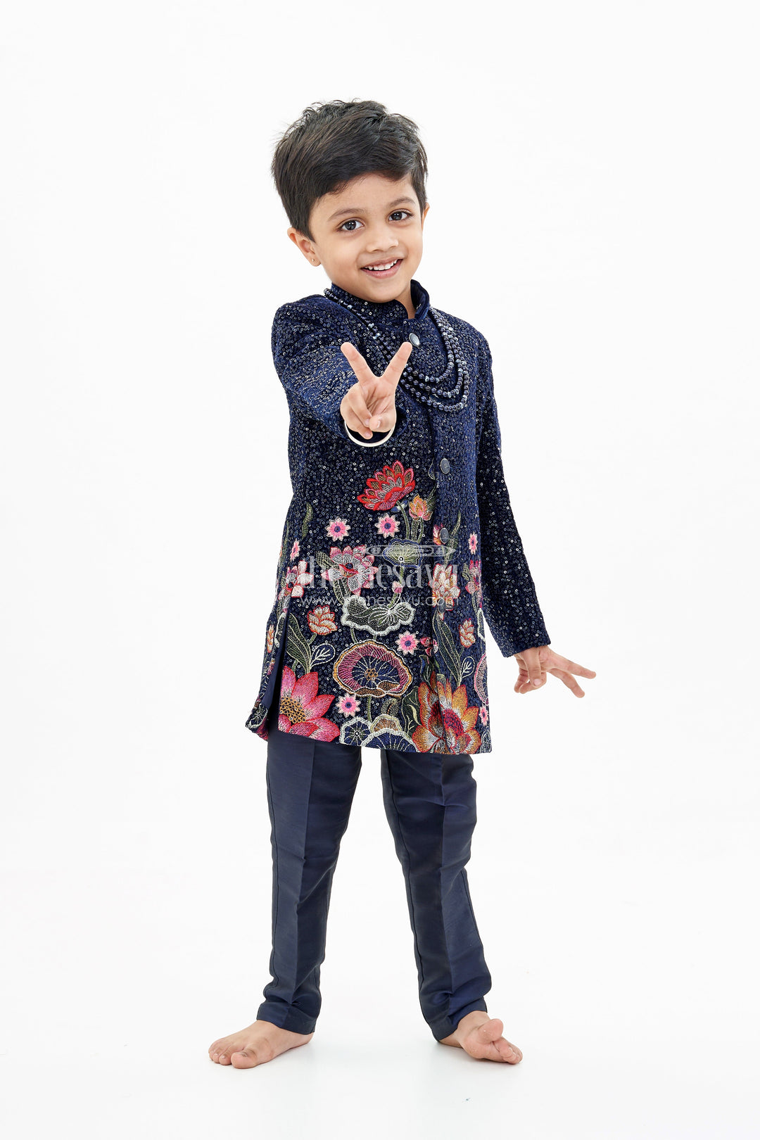 The Nesavu Boys Sherwani Luxurious Boys Sherwani Set with Velvet Designer Embroidery and Classic Black Pants Nesavu 16 (1Y) / Blue BES649A-16 Nesavu Luxurious Boys Sherwani Set Velvet Designer Embroidery Classic Black Pants