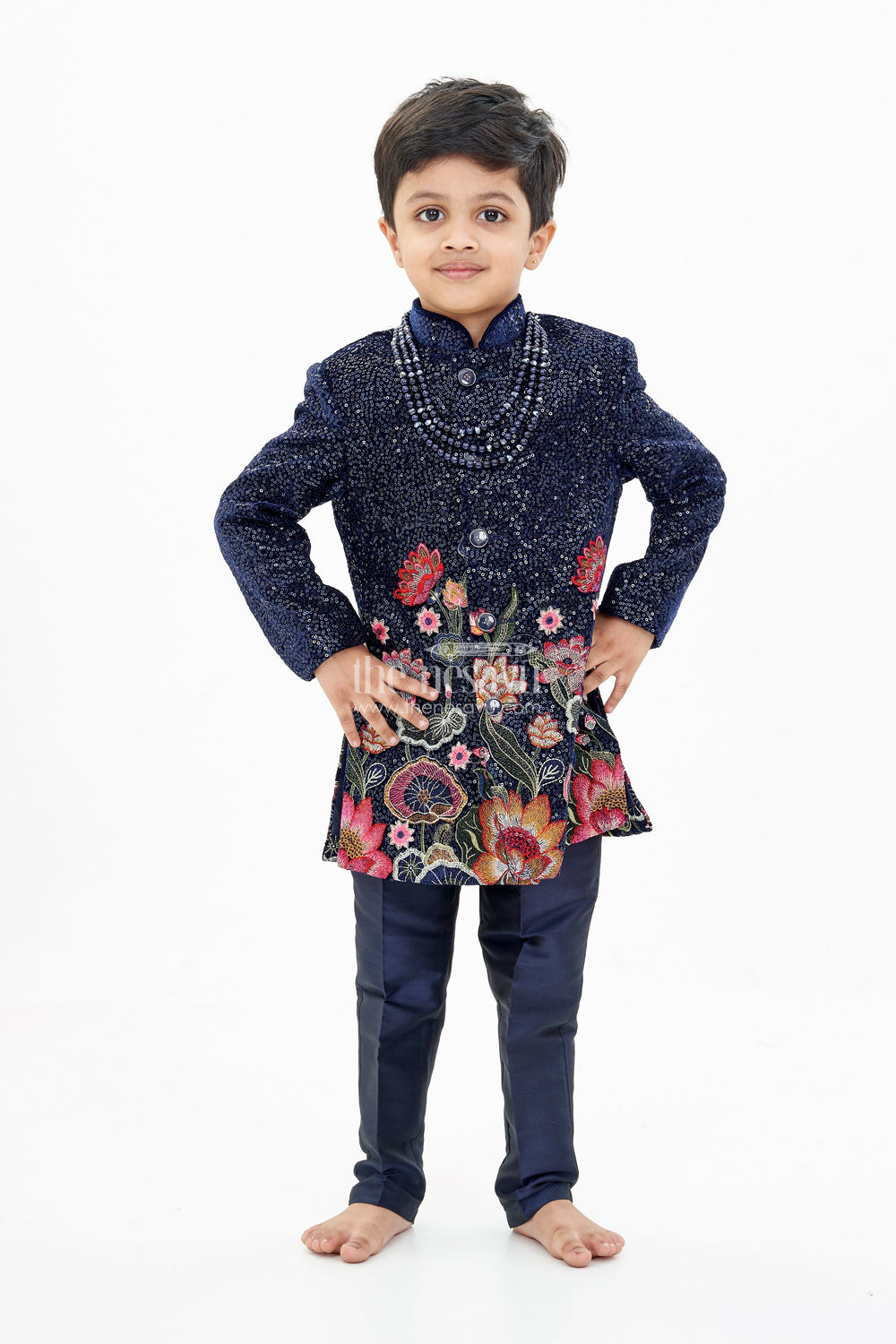 The Nesavu Boys Sherwani Luxurious Boys Sherwani Set with Velvet Designer Embroidery and Classic Black Pants Nesavu Nesavu Luxurious Boys Sherwani Set Velvet Designer Embroidery Classic Black Pants
