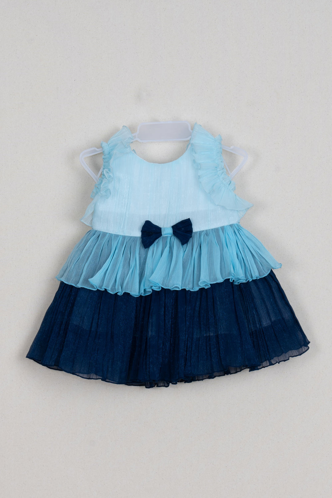 The Nesavu Baby Fancy Frock Monochrome Blue Layered Chiffon Frock with Bow on the Yoke for Baby Girls Nesavu 14 (6M) / Blue / Georgette BFJ415A-14 Premium Baby Wear Dresses - Monochrome Blue Layered Chiffon Frock | The Nesavu
