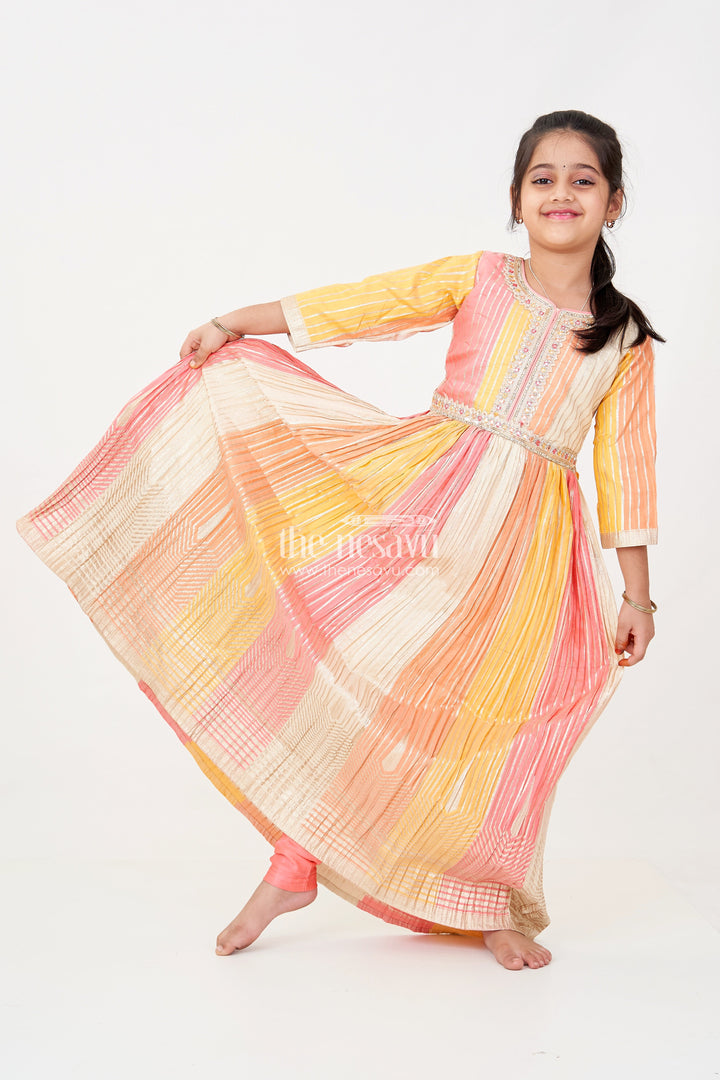 The Nesavu Girls Silk Gown Multi Color Girls Silk Gown in Colour Blocked Banarasi Jacquard with Pink Leggings and Dupatta Nesavu 24 (5Y) / Multicolor GPS592A-24 Multi Color Sharara Girls Silk Gown with Banarasi Jacquard and Pink Dupatta Set | The Nesavu