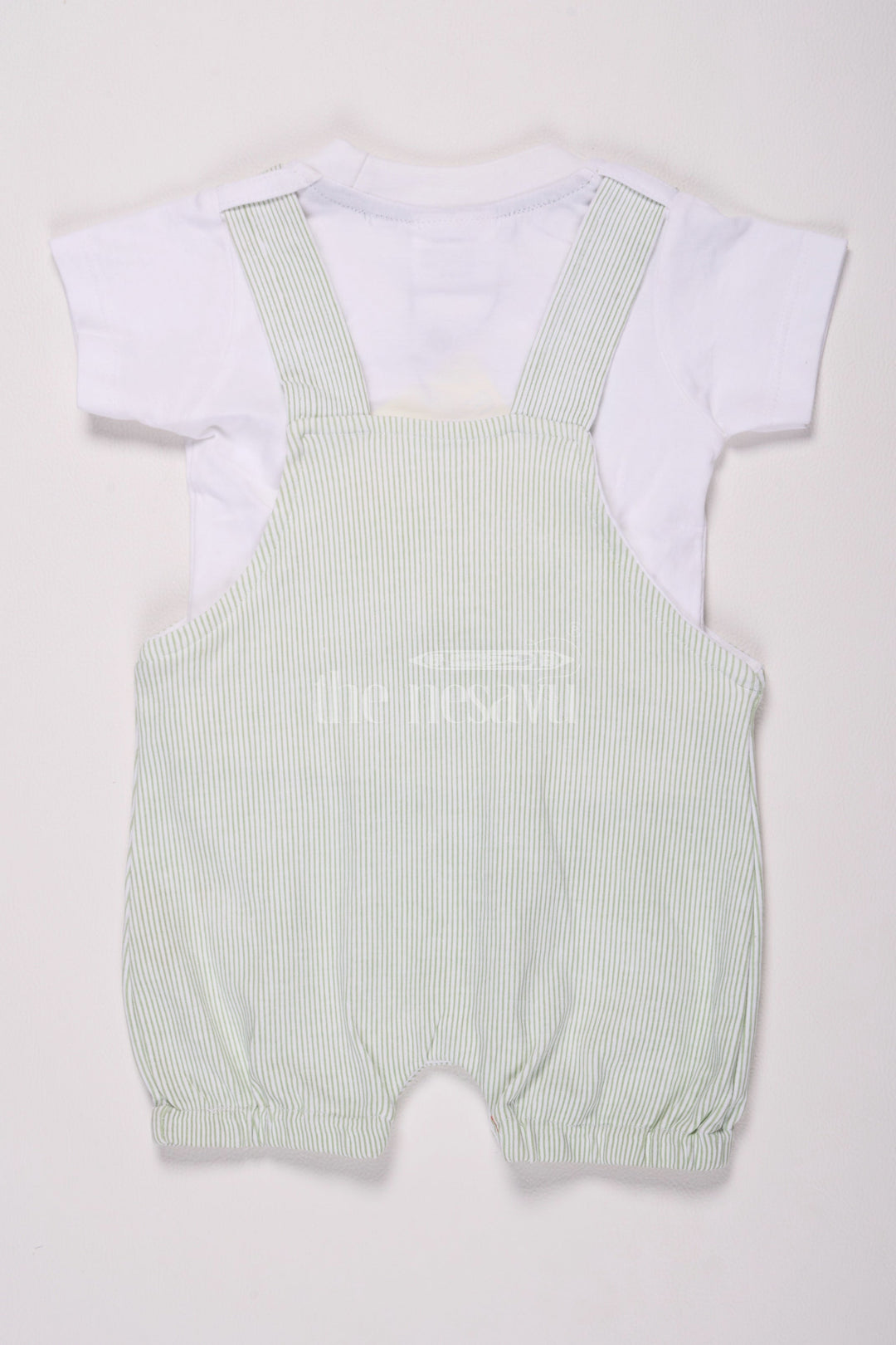 The Nesavu Baby Dungarees Multicolor Baby Dungaree Set with Green Striped Overalls and Elephant Patch for Boys Nesavu Multicolor Baby Dungaree Set Green Striped Overalls Elephant Patch Boys