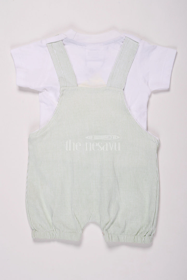 The Nesavu Baby Dungarees Multicolor Baby Dungaree Set with Green Striped Overalls and Elephant Patch for Boys Nesavu Multicolor Baby Dungaree Set Green Striped Overalls Elephant Patch Boys