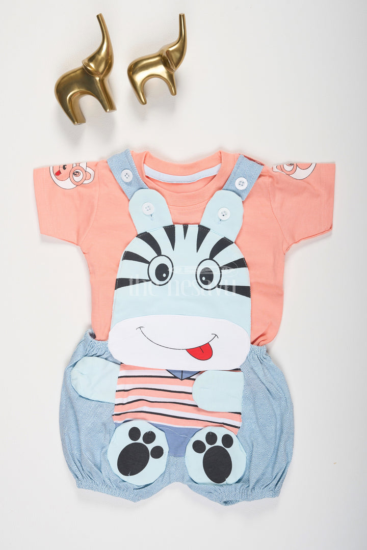 The Nesavu Baby Dungarees Multicolor Peach and Blue Baby Dungaree Set with Zebra Face Design for Boys Nesavu 12 (3M) / multicolor BCS137B-12 Peach Blue Multicolor Baby Dungaree Set Zebra Face Boys Nesavu Playful Outfit