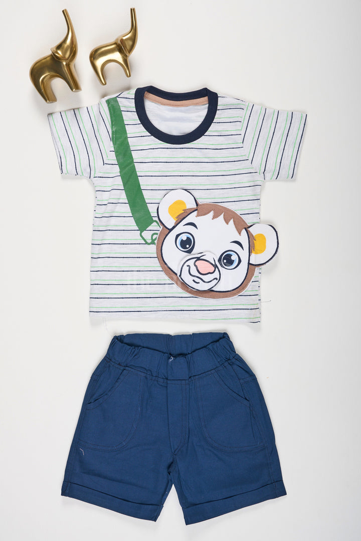 The Nesavu Boys Casual Set Multicolor Striped T-Shirt and Navy Blue Shorts Baby Casual Set with Lion Face for Boys Nesavu 12 (3M) / multicolor BCS140A-12 Striped Green Black T-Shirt Lion Face Navy Blue Shorts Baby Set Nesavu Boys Adventure Outfit