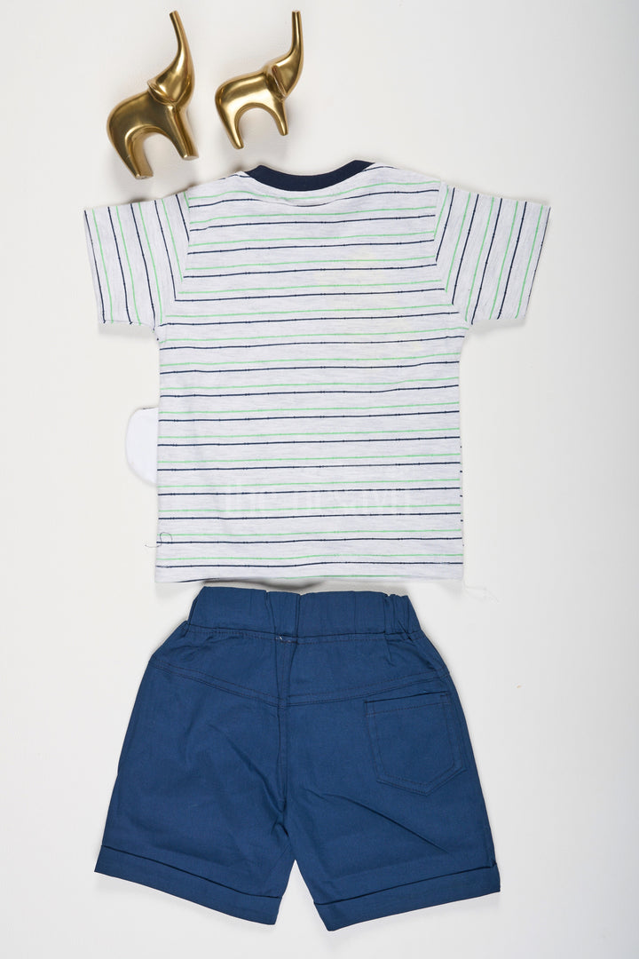 The Nesavu Boys Casual Set Multicolor Striped T-Shirt and Navy Blue Shorts Baby Casual Set with Lion Face for Boys Nesavu Striped Green Black T-Shirt Lion Face Navy Blue Shorts Baby Set Nesavu Boys Adventure Outfit