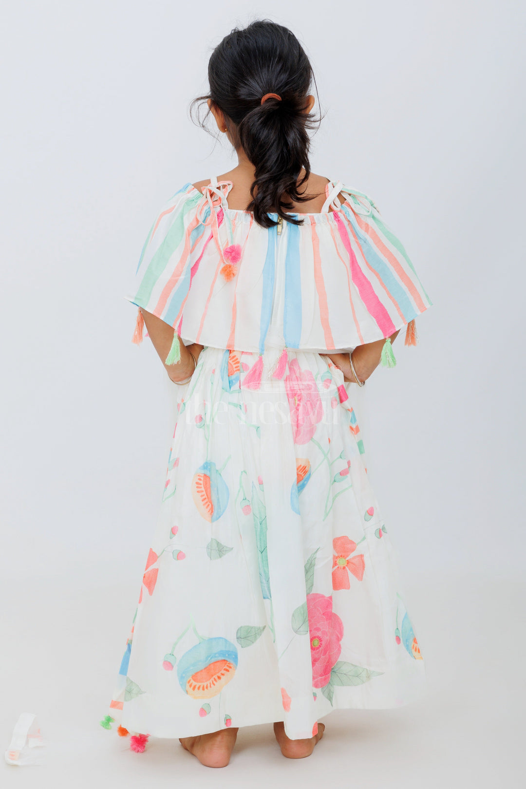 The Nesavu Girls Lehenga Choli Multicolored Pure Muslin Silk Off-Shoulder Lehenga Choli for Girls with Floral Prints Nesavu Nesavu Multicolored Muslin Silk Off-Shoulder Lehenga Choli Floral Prints Girls Festive Wear