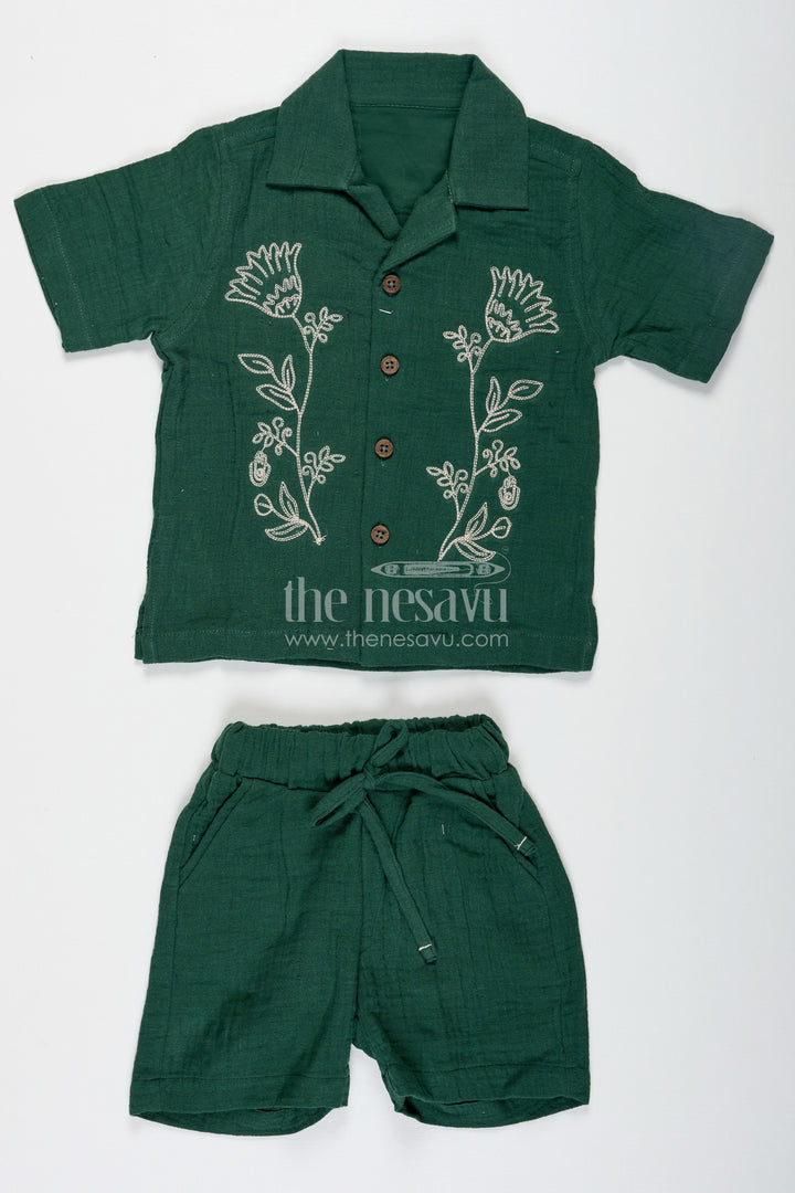 The Nesavu Boys Casual Set Muslin Set for Boys in Forest Green with Thread Embroidered Floral Shirt and Matching Shorts Nesavu 16 (1Y) / Green BCS226A-16 Nesavu Muslin Set for Boys with Forest Green Embroidered Shirt and Shorts in Soft Cotton