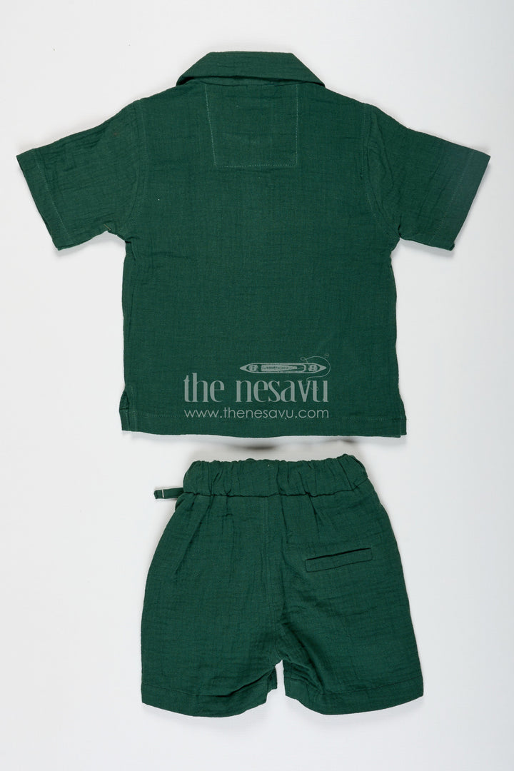 The Nesavu Boys Casual Set Muslin Set for Boys in Forest Green with Thread Embroidered Floral Shirt and Matching Shorts Nesavu Nesavu Muslin Set for Boys with Forest Green Embroidered Shirt and Shorts in Soft Cotton