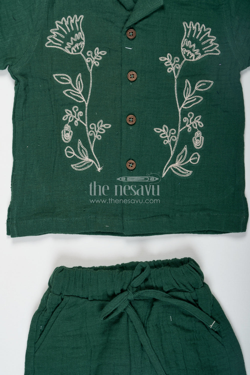 The Nesavu Boys Casual Set Muslin Set for Boys in Forest Green with Thread Embroidered Floral Shirt and Matching Shorts Nesavu Nesavu Muslin Set for Boys with Forest Green Embroidered Shirt and Shorts in Soft Cotton