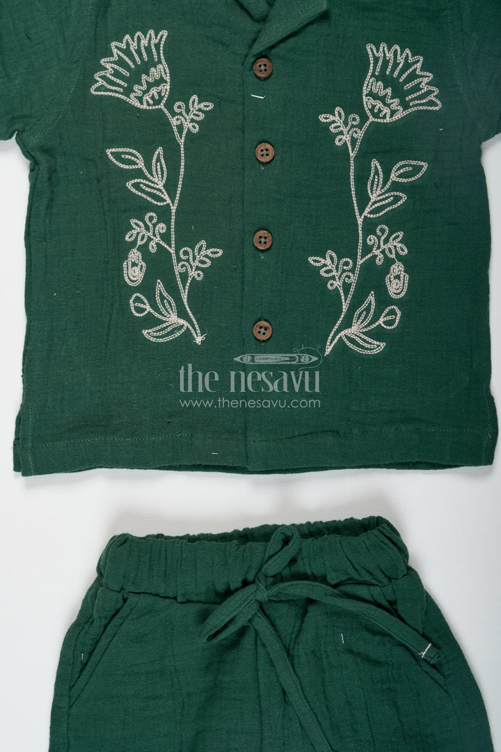 The Nesavu Boys Casual Set Muslin Set for Boys in Forest Green with Thread Embroidered Floral Shirt and Matching Shorts Nesavu Nesavu Muslin Set for Boys with Forest Green Embroidered Shirt and Shorts in Soft Cotton