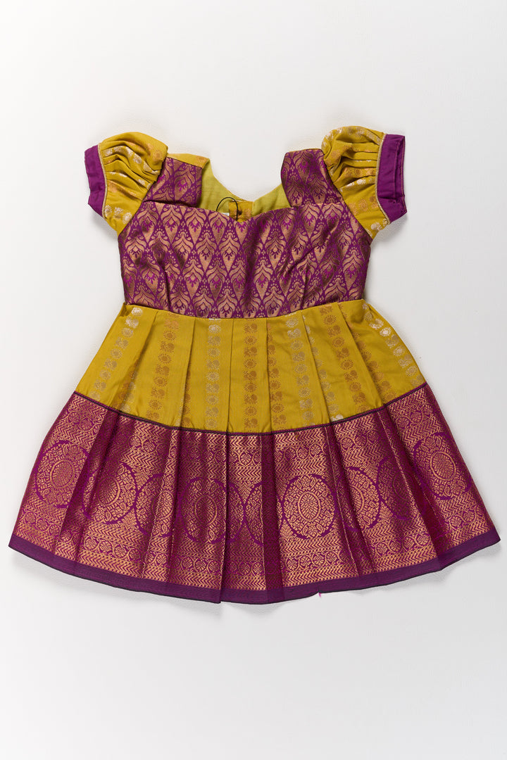 The Nesavu Girls Kanchi Silk Frock Mustard and Maroon Pattu Pavadai for Girls with Elegant Zari Motifs Nesavu Nesavu Mustard Maroon Pattu Pavadai Girls Elegant Zari Motifs