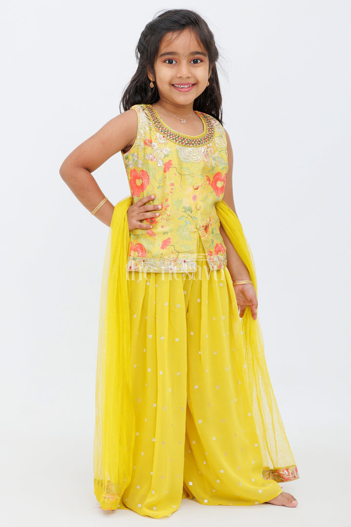 The Nesavu Girls Sharara / Plazo Set Mustard Plazo Set with Kurthi for Girls Featuring Floral Appliqu and Mirror Work Nesavu Mustard Plazo Set with Kurthi for Girls Featuring Floral Appliqué and Mirror Work Nesavu