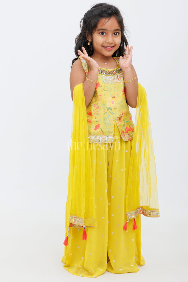 The Nesavu Girls Sharara / Plazo Set Mustard Plazo Set with Kurthi for Girls Featuring Floral Appliqu and Mirror Work Nesavu Mustard Plazo Set with Kurthi for Girls Featuring Floral Appliqué and Mirror Work Nesavu