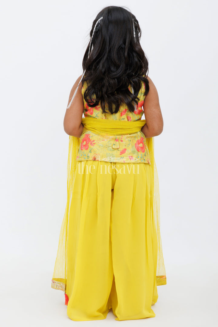 The Nesavu Girls Sharara / Plazo Set Mustard Plazo Set with Kurthi for Girls Featuring Floral Appliqu and Mirror Work Nesavu Mustard Plazo Set with Kurthi for Girls Featuring Floral Appliqué and Mirror Work Nesavu