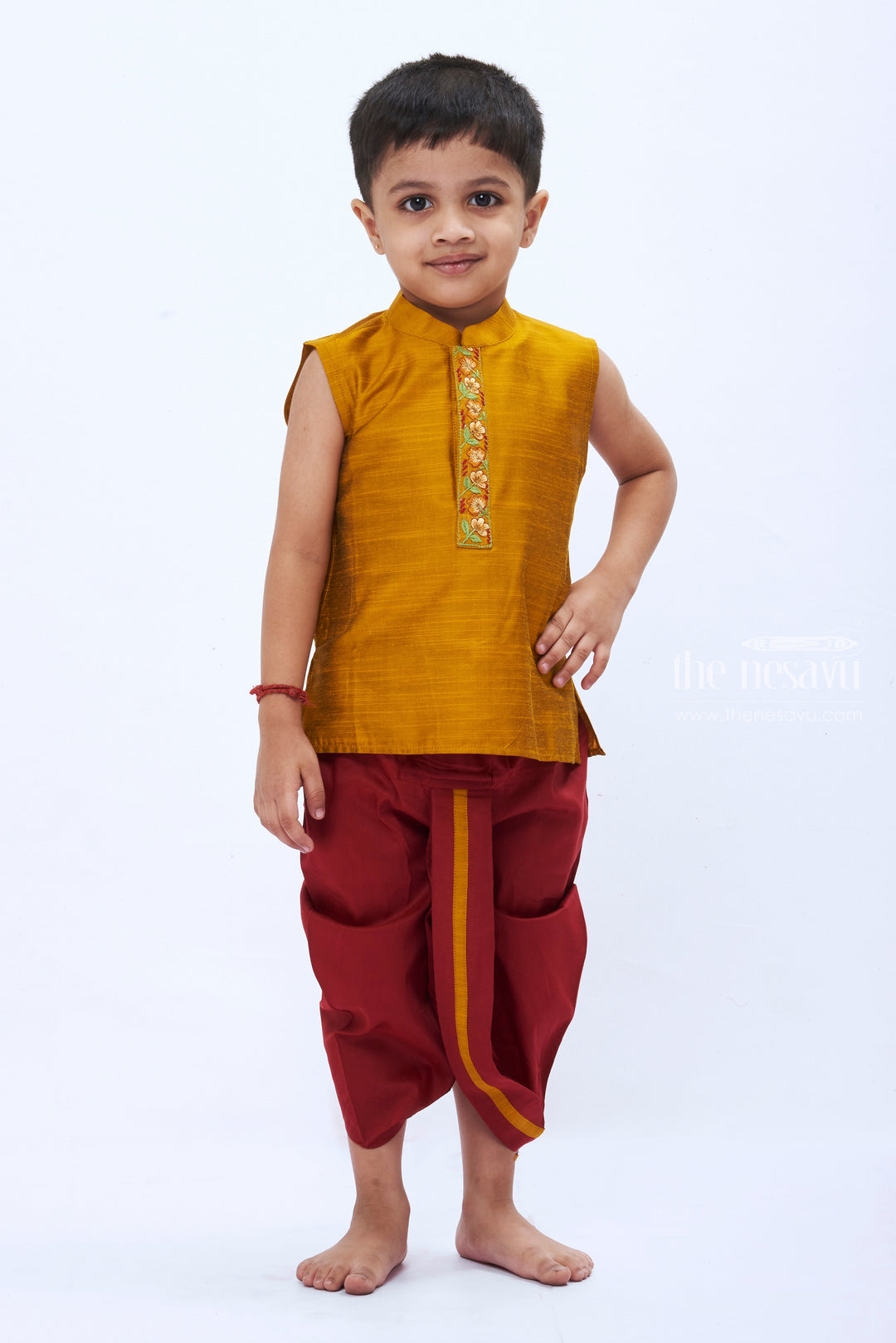 The Nesavu Boys Dothi Set Mustard Yellow Kurta and Maroon Dhoti Set for Boys - Traditional Festive Ensemble Nesavu Boys' Mustard Yellow & Maroon Ethnic Kurta Dhoti Set | Festive Traditional Wear | The Nesavu