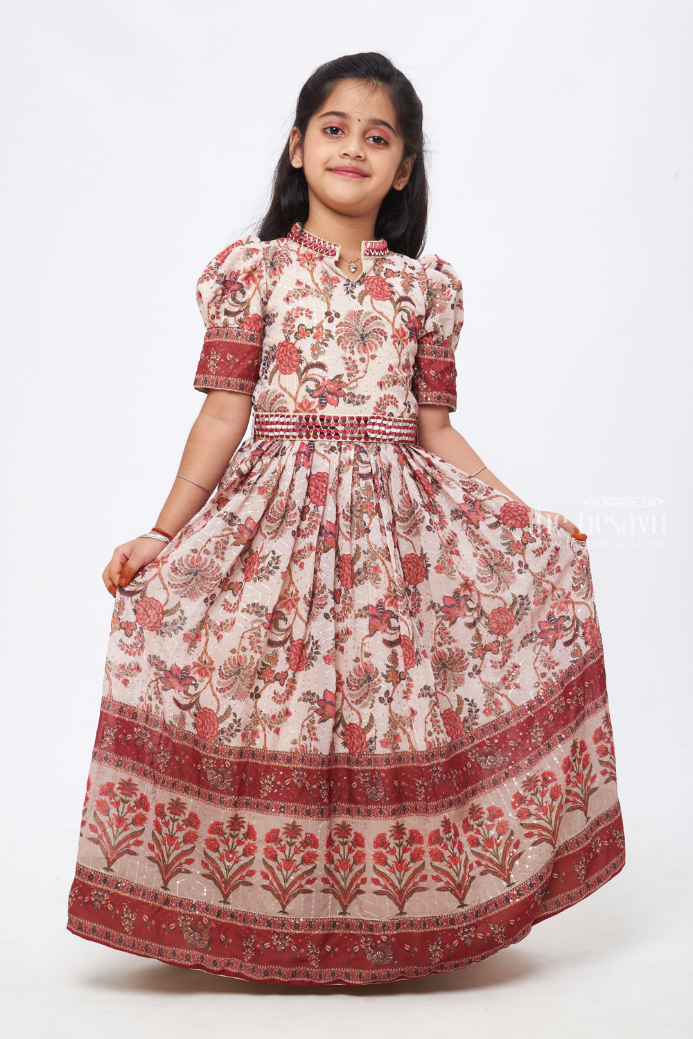 The Nesavu Girls Party Gown Mystic Blossom: Sequin Embroidered Floral Printed Maroon Childrens Gown Nesavu A Dance of Fabric and Design | Luxurious Anarkali Gowns | The Nesavu